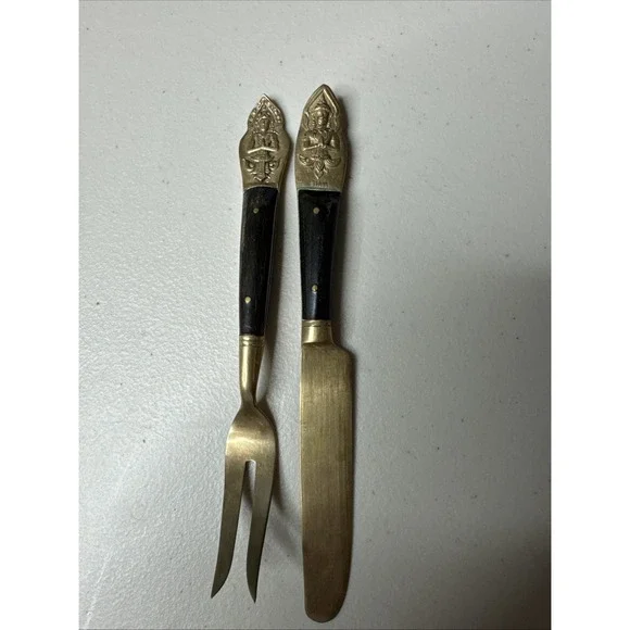 Siam Thailand Praying Buddha Brass Wood Fork Knife‎ 6
