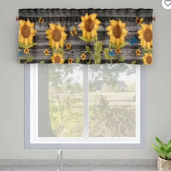 NEW! Farmhouse Trendy Wood Grain Look Sunflower Window Valance Country Cottage