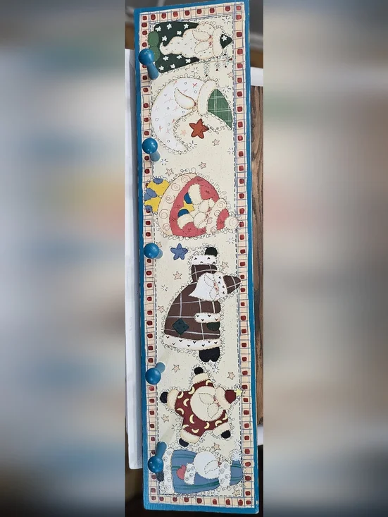 Hand Painted Christmas Wall Hook Rack Santa Snowman Folk Art Wooden Peg Rack 26”