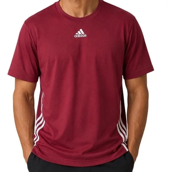 Adidas Mens Maroon 3-Stripe Short Sleeve T-Shirt Large Center Logo Sporty Casual