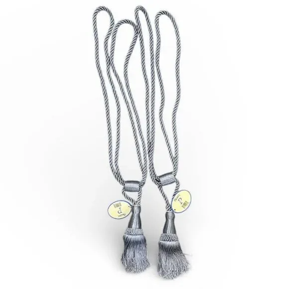 Vintage Large Window Curtain Tiebacks Silver Gray Tassel Rope Pair 24” 6” NWT