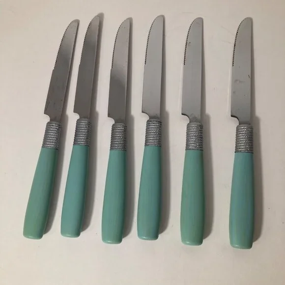 6 - Vintage Cambridge Dinner Knives Green Stainless‎ Flatware Plastic Handle 9