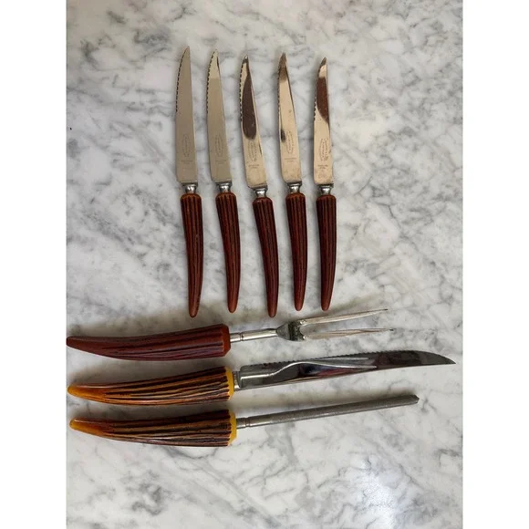 E Parker & Sons Sheffield England VTG 8pc Steak Knife & Carving Set Faux Horn