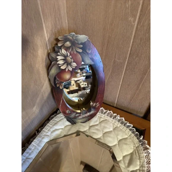 vintage wood shadow box‎ with mirror Hand painted Flower And Fruit Motif