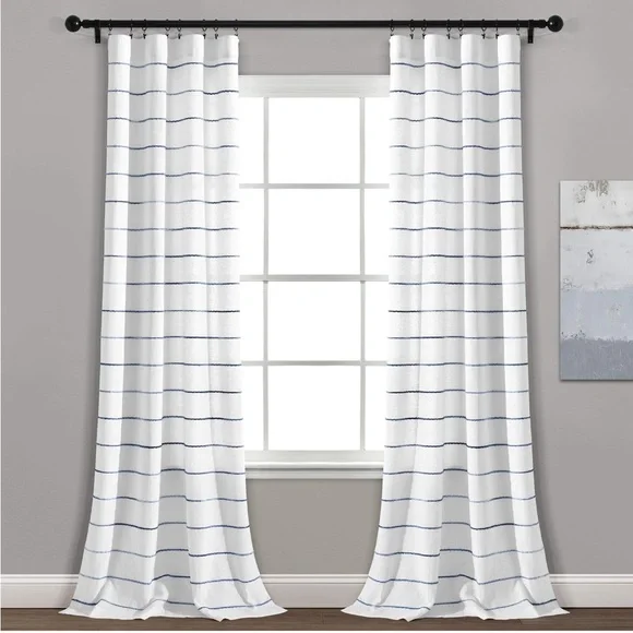 Ombre Stripe Curtain Panel Set, 2, 40''W x 84''L, Navy, Rod Pocket,Farmhouse