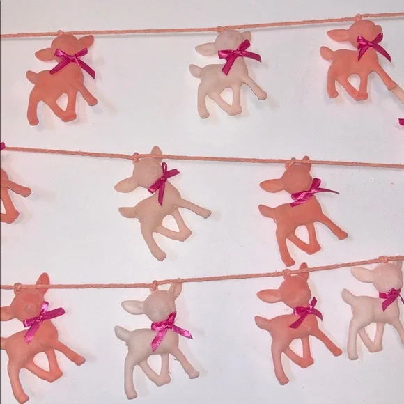 Flocked Deer Garland Peachy Pink Deer Garlands - Set of Velvet Fawn Garland NWT