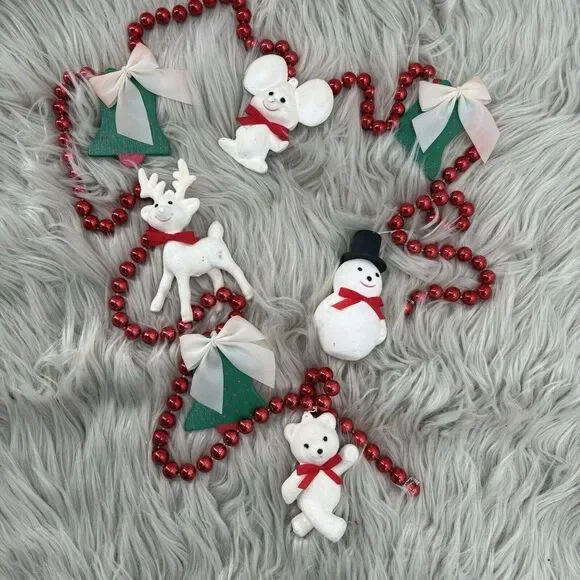 Vintage Festive Friends Christmas Garland Red Beads‎ 6 Ft Deer Snowman Mouse