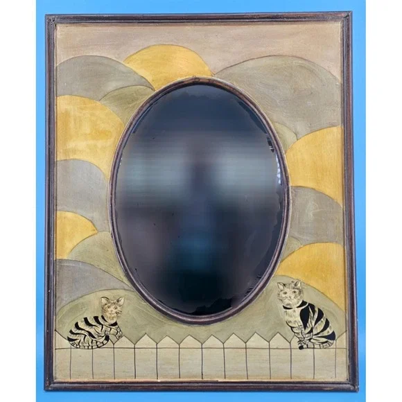 Vtg Folk Art Framed Mirror w/ Hand Painted Cats on Fence Hills 27x33