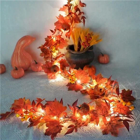 Fall Garland with Lights Timer 6.2FT Autumn Garlands Maple Leaves Pumpkin Berry