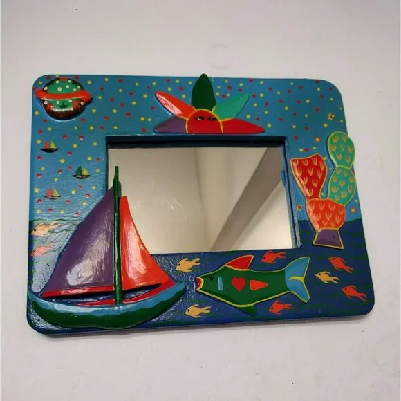 Hand Painted Wooden Folk Art Mirror, Miniature Colorful Wall Hanging Decor