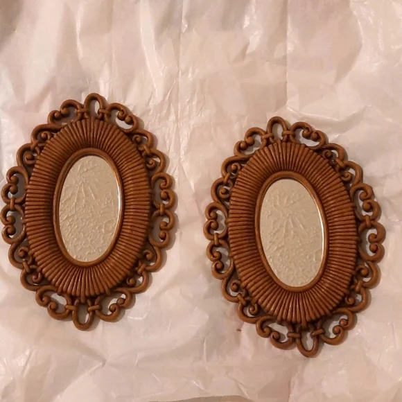 Pair of faux rattatan vintage mirrors made in usa brown boho bohemian style