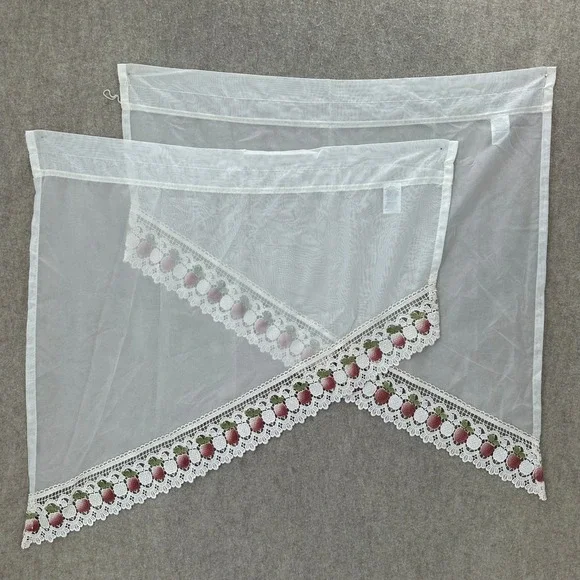 VTG Sheer White Window Swag Curtains with Apple Embroidered Lace Trim Set‎ of 2