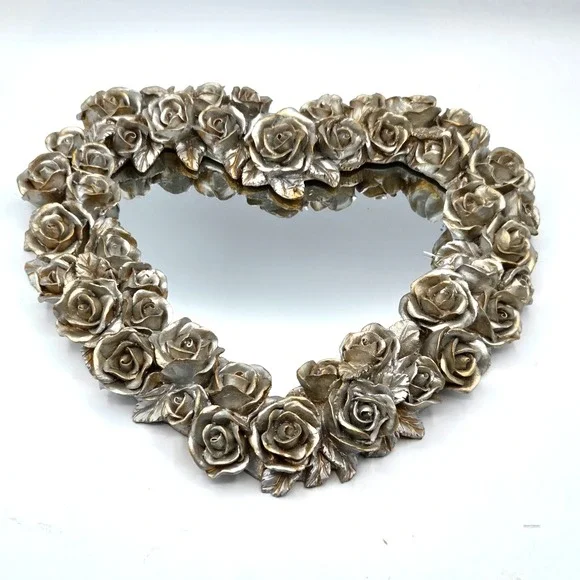 VINTAGE 60's- 80's Heart Shaped Mirror 3D Roses Decoline New York RETRO Cottage