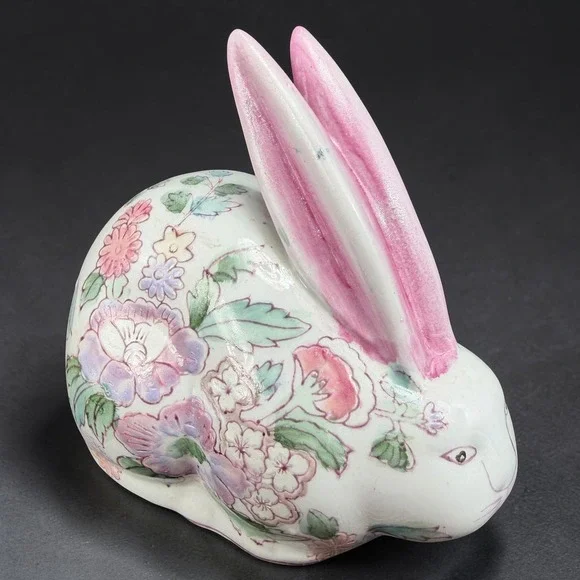 Vintage Chinese Famille Rose Porcelain Rabbit Figurine Floral Pink White 5.5