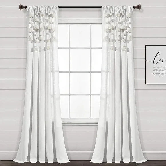 Lush Decor Boho Pom Pom Tassel Linen Textured Window Curtain Panel, Single panel