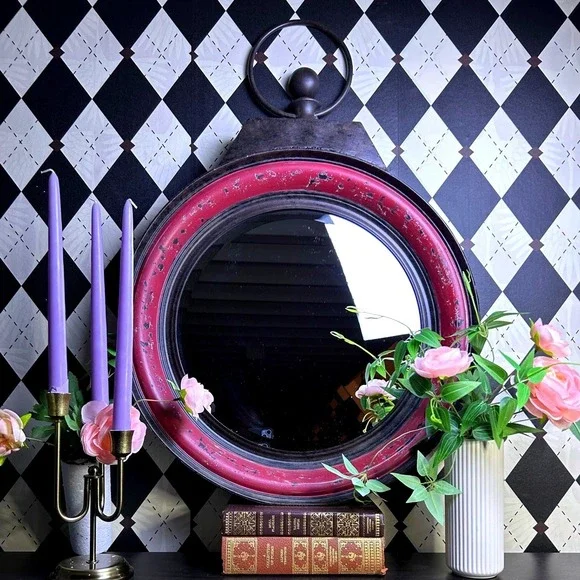 Oversized Industrial Round Mirror Distressed Berry Metal Wall Accent 24