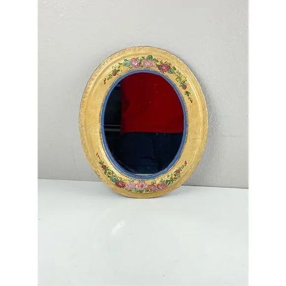 Antique Vintage Handpainted Floral Oval Wall Mirror Deep Wood Frame 12x14x1.25in