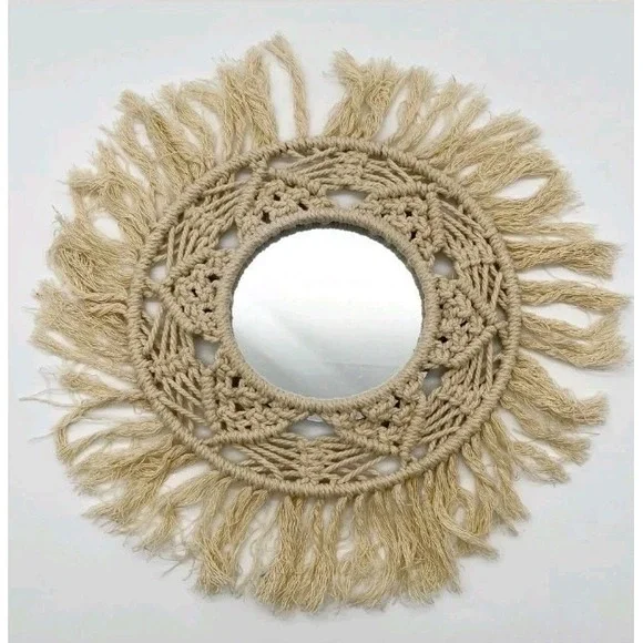 Design Clique Macrame Magnetic Mirror Round with Fringe Boho Decorative Art