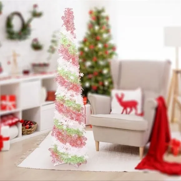 5FT Artificial Pencil Christmas Tree, Red Green White Pop Up Small Christmas Ti