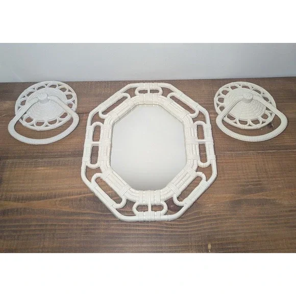 Homco Vintage Faux Bamboo Mirror and 2 Wall Towel‎ Holder White 1970s 1980s USA
