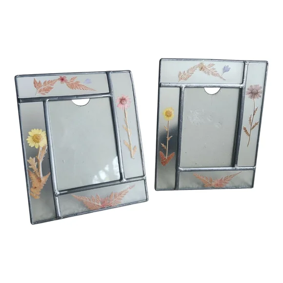 Floral Glass Wall Decor Frame Set Leaded Glass Art Deco Garden Two Frames