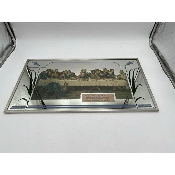 Vintage Last Supper Mirrored Wall Plaque Aluminum Frame Religious Decor