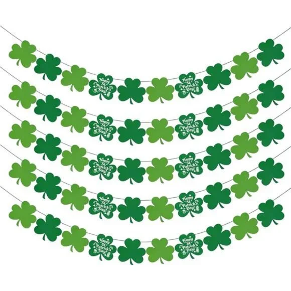 St Patricks Day Decorations 5 Pack Shamrock Clover Garland Banner - NO DIY