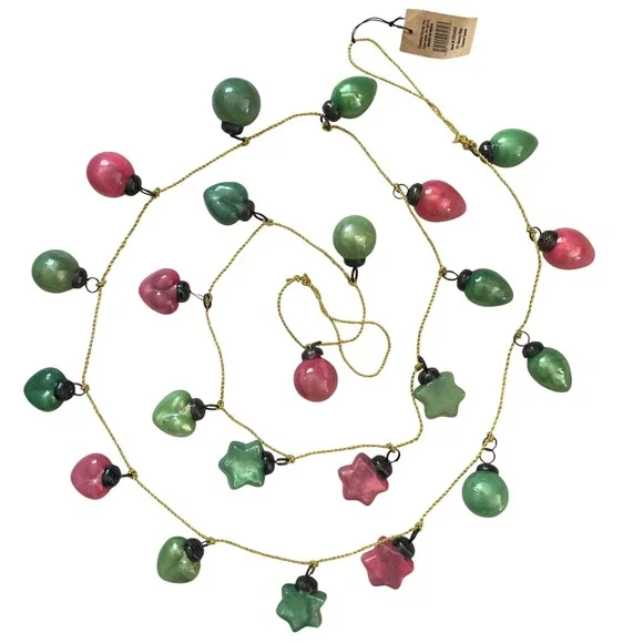 Mercury Glass Ornament Garland pink & green Hearts Bulbs Balls‎ Gold tone Cord