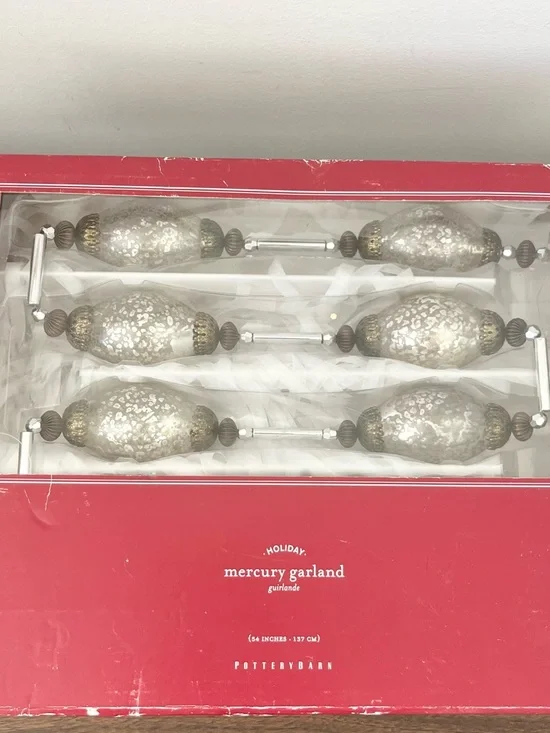 Pottery Barn Holiday Mercury Glass Garland Silver and Gold w Box Great Condition