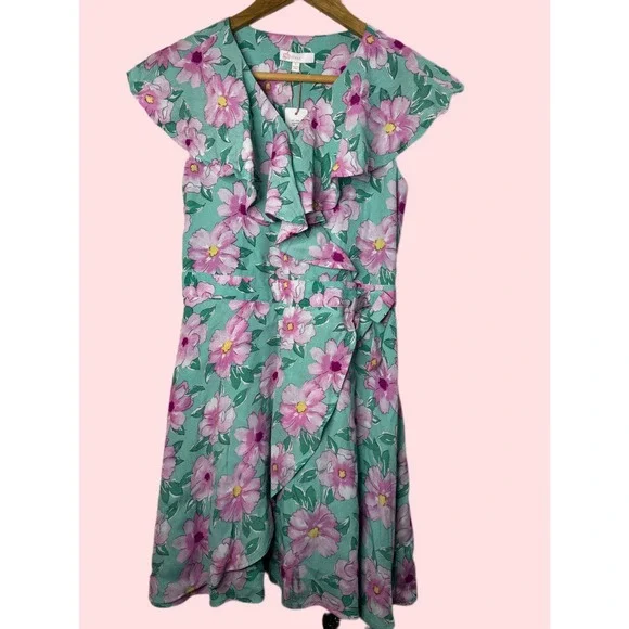 NWT GB Girls Size L‎ Floral Print Ruffle Sleeve Wrap Dress Kids Green Pink