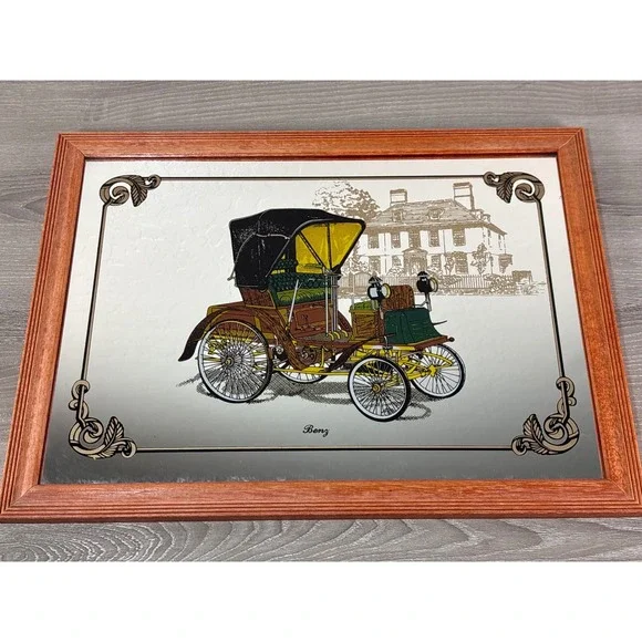 Vintage Benz Horseless Carriage Framed Bar Mirror‎ Classic Car Wall Decor 16x12