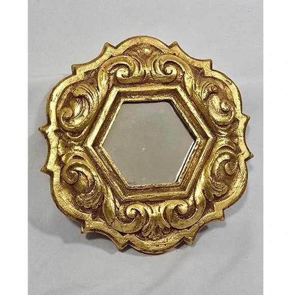 Vtg gold ornate wood carved wall mirror baroque rococo style gilt frame
