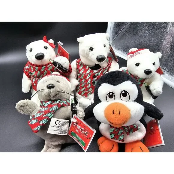 Lot Of 5 Vintage Coca Cola Beanie Plush Polar‎ Bear Seal Penguin Drinking Coke