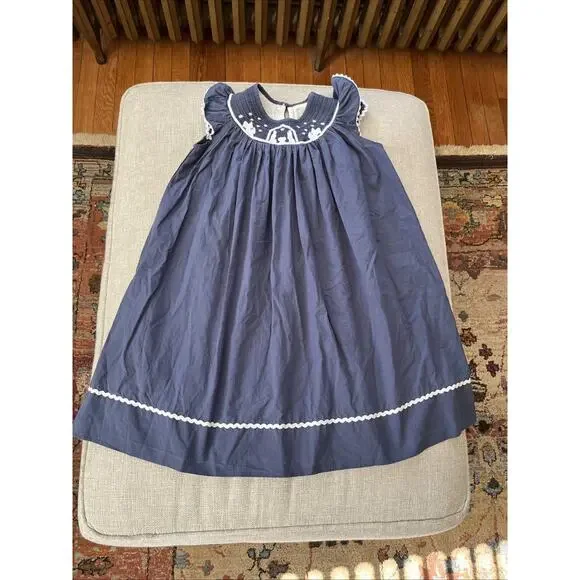 Lil Cactus Embroidered Cotton Smocked Bishop Dress 5Y Navy Blue Christmas Jesus