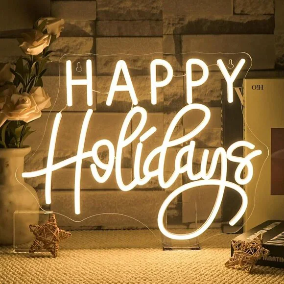 USB Powered Happy Holidays Neon Sign - Classic Merry Christmas LED Wall Decor