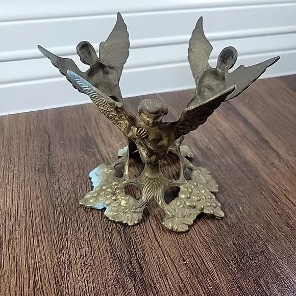Vtg Brass Cherub Angel Baroque Bowl Orb Ball Holder Display Stand 5.5