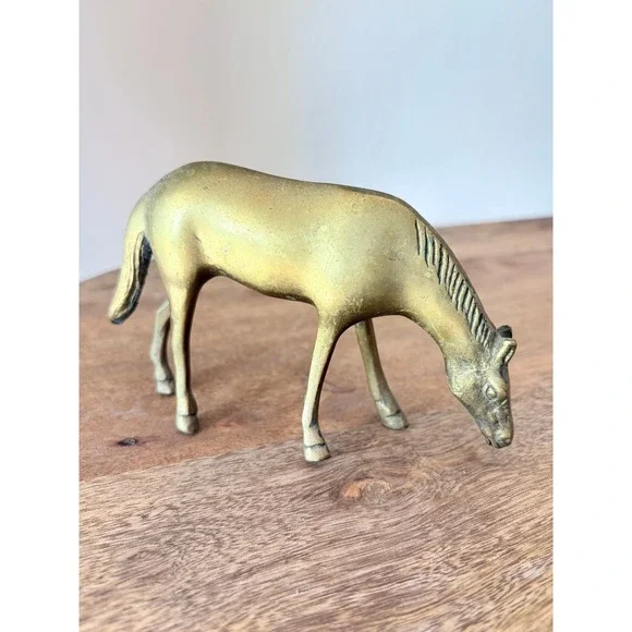 Vintage Solid Brass Grazing Horse Figurine Equestrian Decor 5.25 Inch