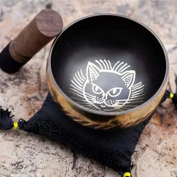 Tibetan Singing bowl Set - Easy To Play Cat Design Meditation Mindful 7 Sound