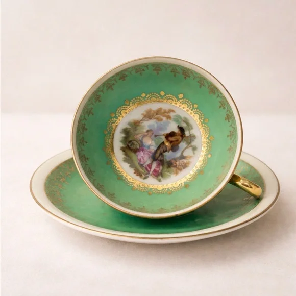 German Elegant Green and Gold Demitasse Cup and Saucer Set/ Mid Century
