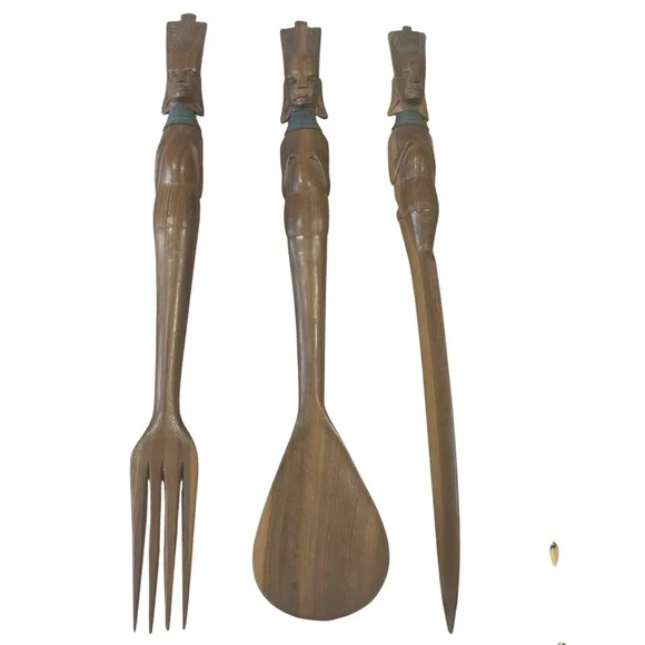 Hand Carved Wooden Utensil Set Tribal Figures Fork Spoon Pick brown folk artsy
