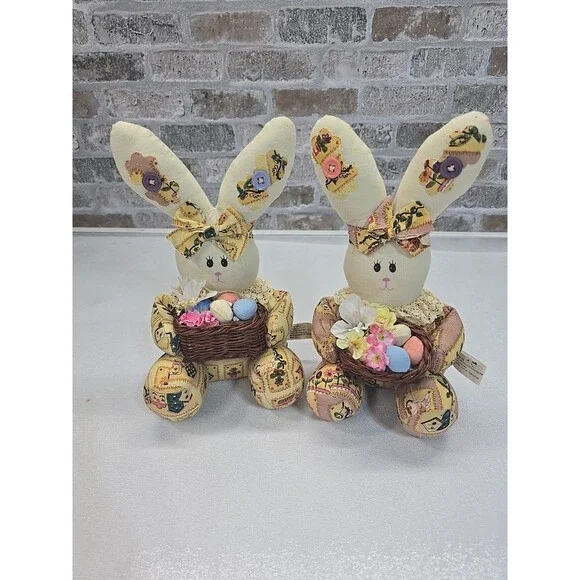 2-VTG 1999 Anco Cloth Bunny Rabbit Plush Basket W/ Easter Eggs Granny Core