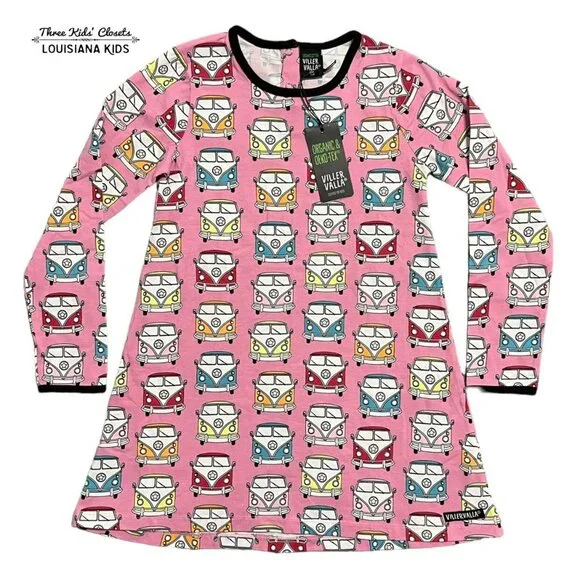 NEW Villervalla Sz 128 (8Y) Organic Pink Camper Bus Dress