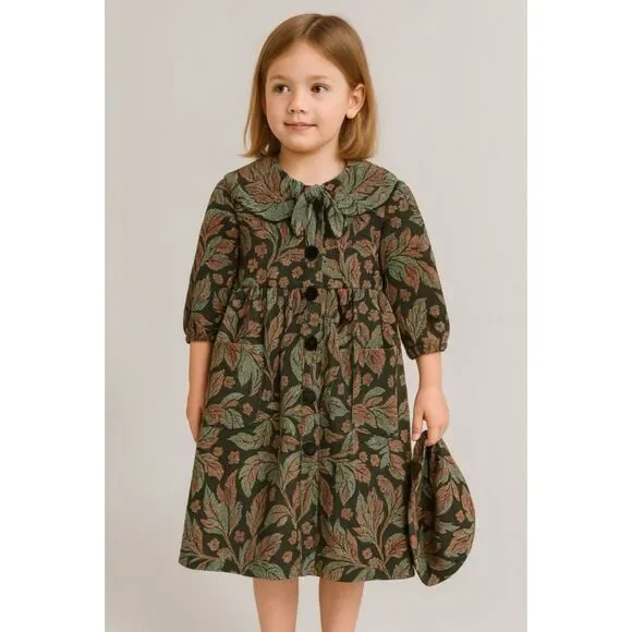Vintage Floral Tapestry Dress & Bonnet Girls 6 Jacquard Fall Holiday Cottagecore