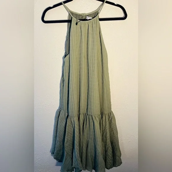 Miou Muse Halter Dress Olive Green Boho Ruffle Short Sleeveless Size L