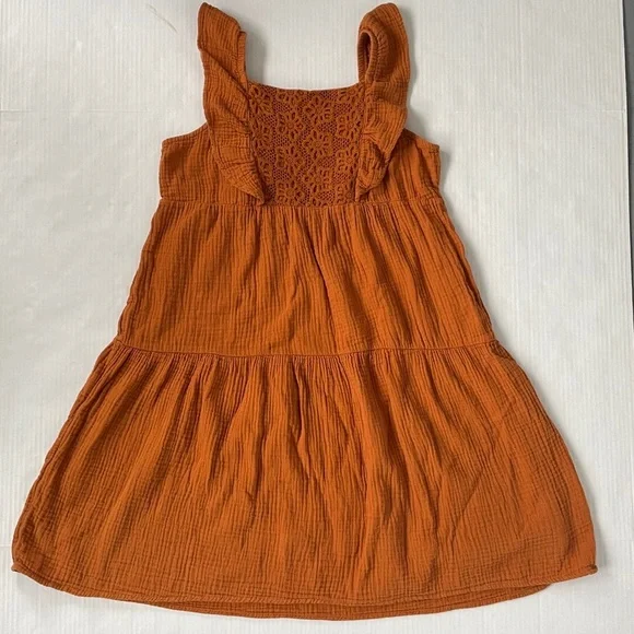 Wonder Nation Girls Terracotta Cotton Dress Ruffles and Crochet Details XL 14/16