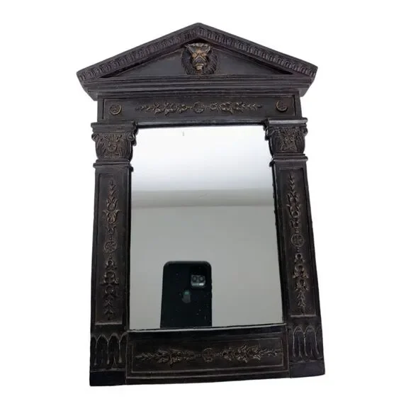 Vintage Rococo Lion Head Mirror Wall Hanging Floral Detailing Framed Faux Bois
