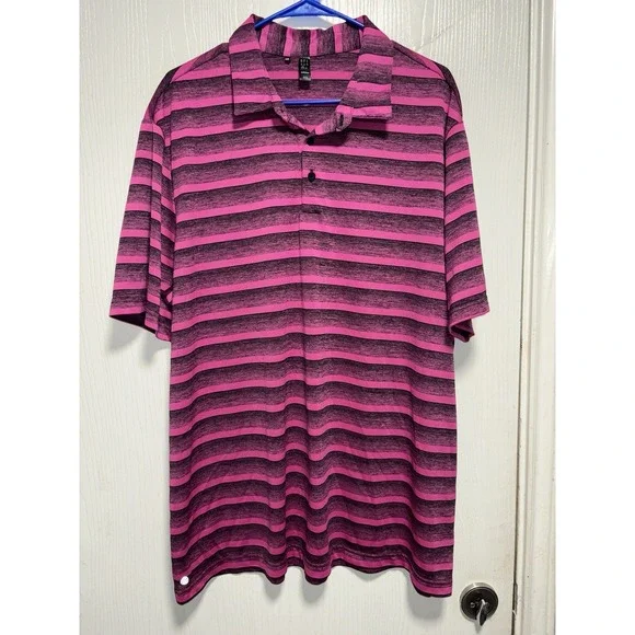 ADIDAS Golf Polo Shirt Men 2XL Black Fuchsia Two‎ Color Striped Performance