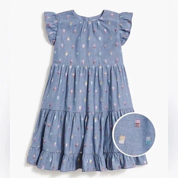 J Crew Crewcuts Girls 8 Blue Chambray Shimmer Clip Dot Dress