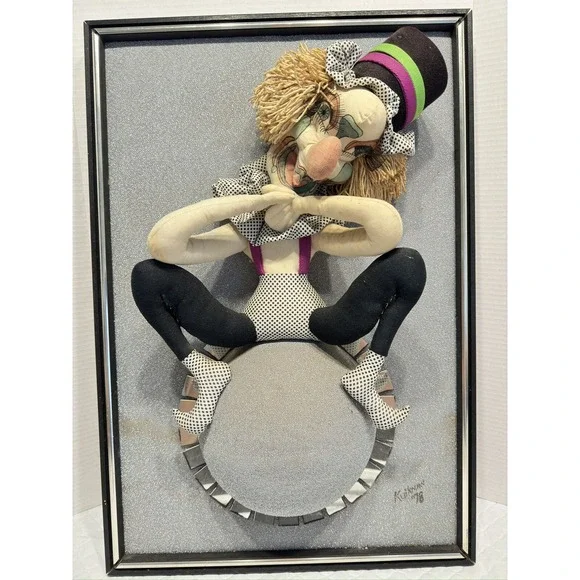 Vintage Original Artwork Signed Kuikman Large Framed 3D Clown Fabric Doll Mirror
