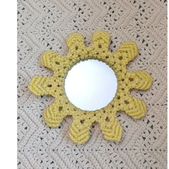 Handmade Yellow Crochet Sun Mirror Boho Wall Decor Sunburst Nursery Accent 10in